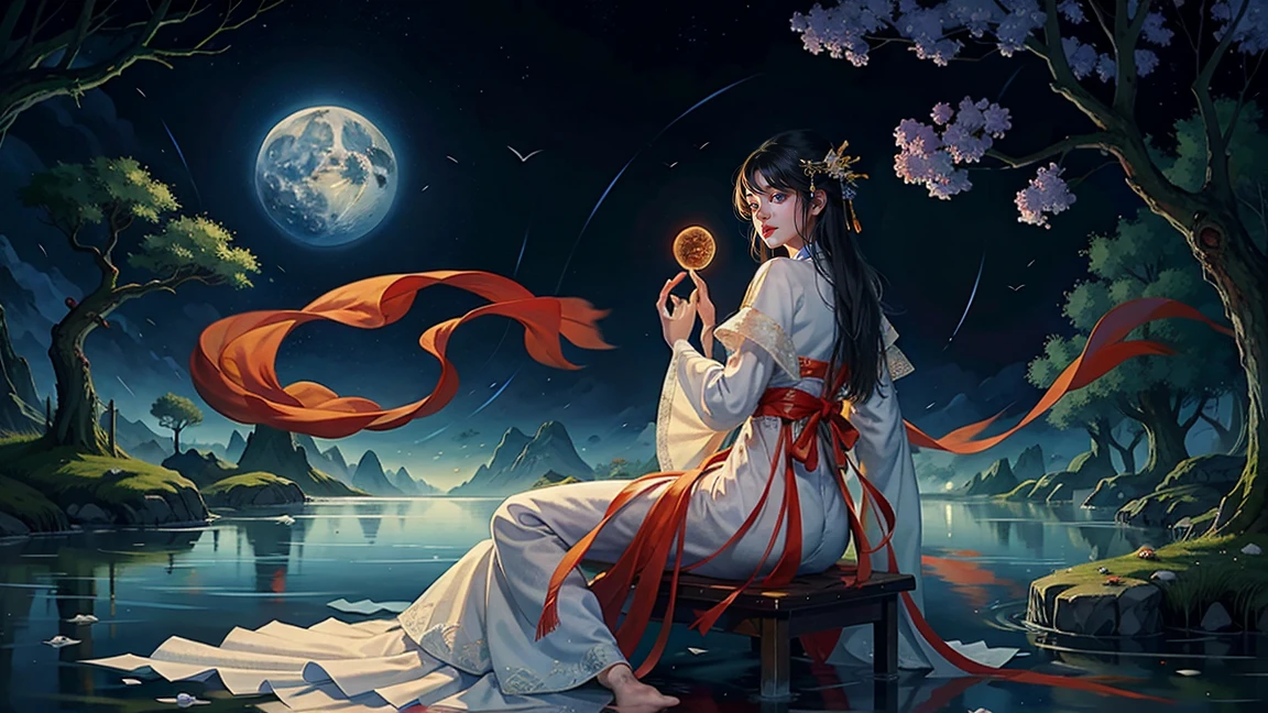 Official Art, Unity 8K wallpaper, Extremely detailed, beautiful and aesthetic, masterpiece, best quality, For the world,You may be alone,But for someone,You could be the whole world, paradox, Adrian Genius, Jenny Savile, Edward Hope, Surrealism, The Dark Arts of James Jean, Takato Yamamoto, 墨water朋克极简主义, fashion magazine, Editorial Photography, gufeng, moon, Tree, Solitary, water, flower, Branches, night, Black Hair, Back to, shawl, full moon, (1 Girl), in Tree, Long hair, Sky, sit, Chinese clothes, Hanfu, crescent moon, permanent, outdoor