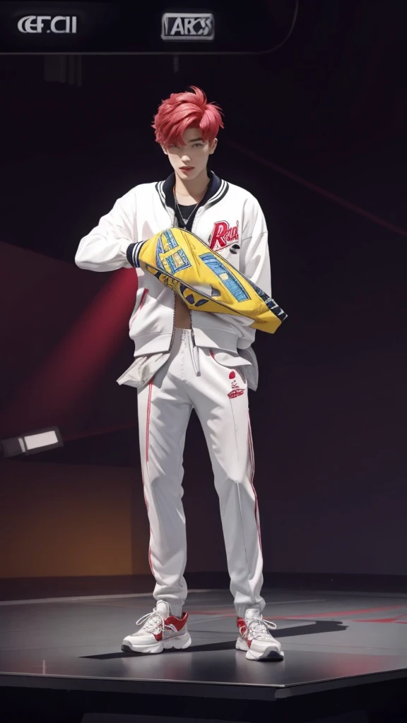 best quality, 1boy, solo, cartoon portrait , background, short hair, pink lips, red hair, wearing red varsity jacket