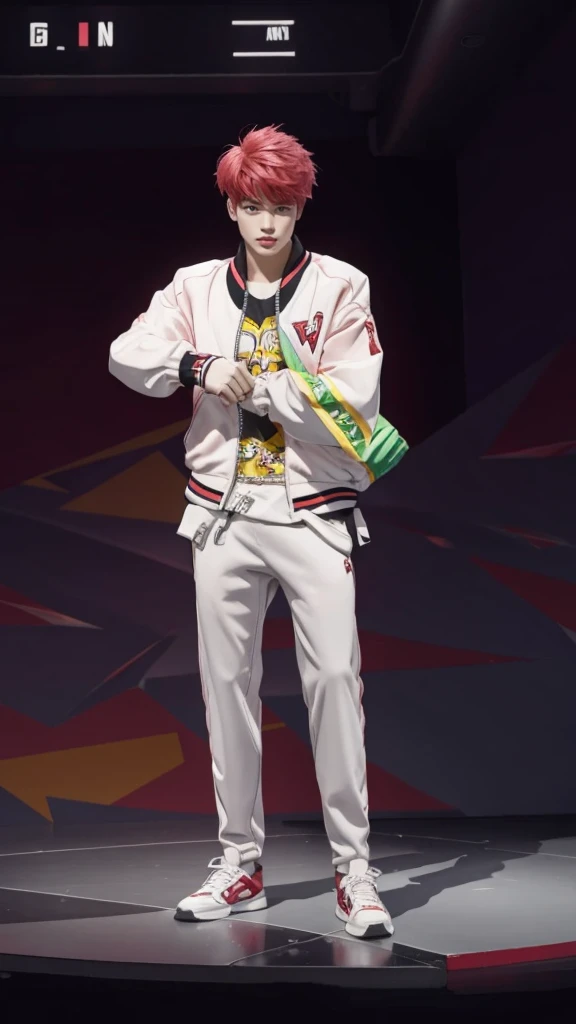 best quality, 1boy, solo, cartoon portrait , background, short hair, pink lips, red hair, wearing red varsity jacket