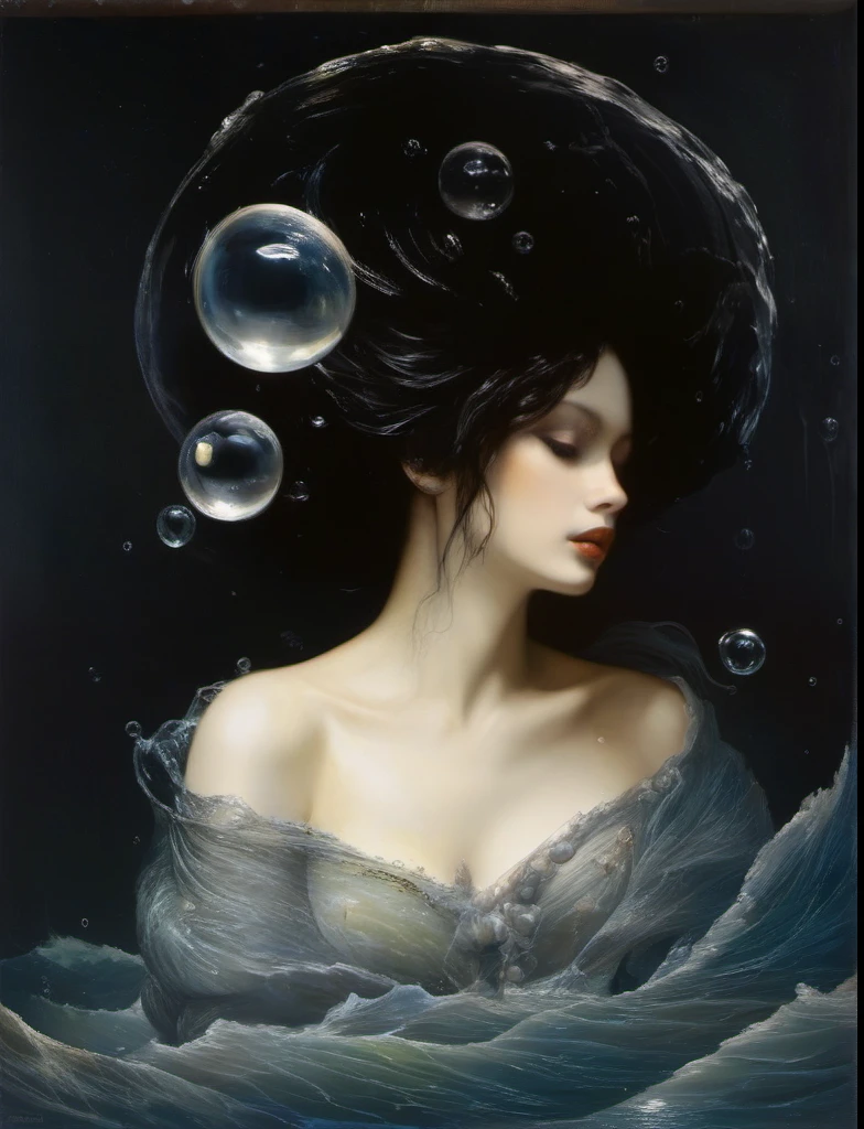 James Gurney, Surrealist art , dream-like, mysterious, Provocative, symbolic, Complex, detailed,, (Gothic but very beautiful:1.4), (masterpiece, Highest quality:1.4) , Nicola Samori Style, siren 、Water bubbles、Wavy Hair、Ocean