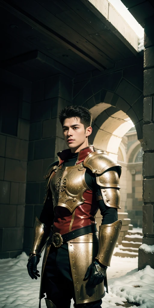 超High resolution, Highest quality, photograph, 4K, (photographrealistic: 1.4), Cinema Lighting, Shirtless muscular man, Abs in Medieval Crimson Armor, Muscular woman, Medieval gold armored abs, Environment Cyberpunk, Snow and ice environment on background, Ice Cathedral, Portal of the future, 3D light, High resolution, magic, light god, Backlight, Detailed face, Contrasting, Smooth Skin, Soft hands, Correct Anatomy, Five Fingers.