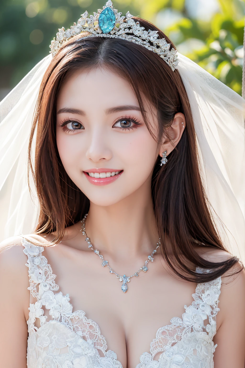 (Highest quality、Tabletop、8K、Best image quality、Award-winning works)、One beautiful bride、(alone:1.1)、(The most extravagant and gorgeous huge wedding dresses:1.1)、(Perfect Wedding Lace:1.2)、(The most extravagant and luxurious giant tiara:1.1)、(The most extravagant and luxurious giant necklace:1.1)、The most beautiful smile is looking at me、A wide selection of the finest jewellery、(Bridal upper body photo:1.1)、Perfect Makeup、Long eyelashes、Ultra HD Shining Eyes、Ultra HD Hair、Ultra-high resolution glossy lips、Ultra High Resolution Perfect Teeth、Super high resolution beautiful face、(Accurate anatomy:1.1)、(Very bright and beautiful skin:1.2)、(very bright and vivid:1.2)、(Blurred fresh natural background:1.1)