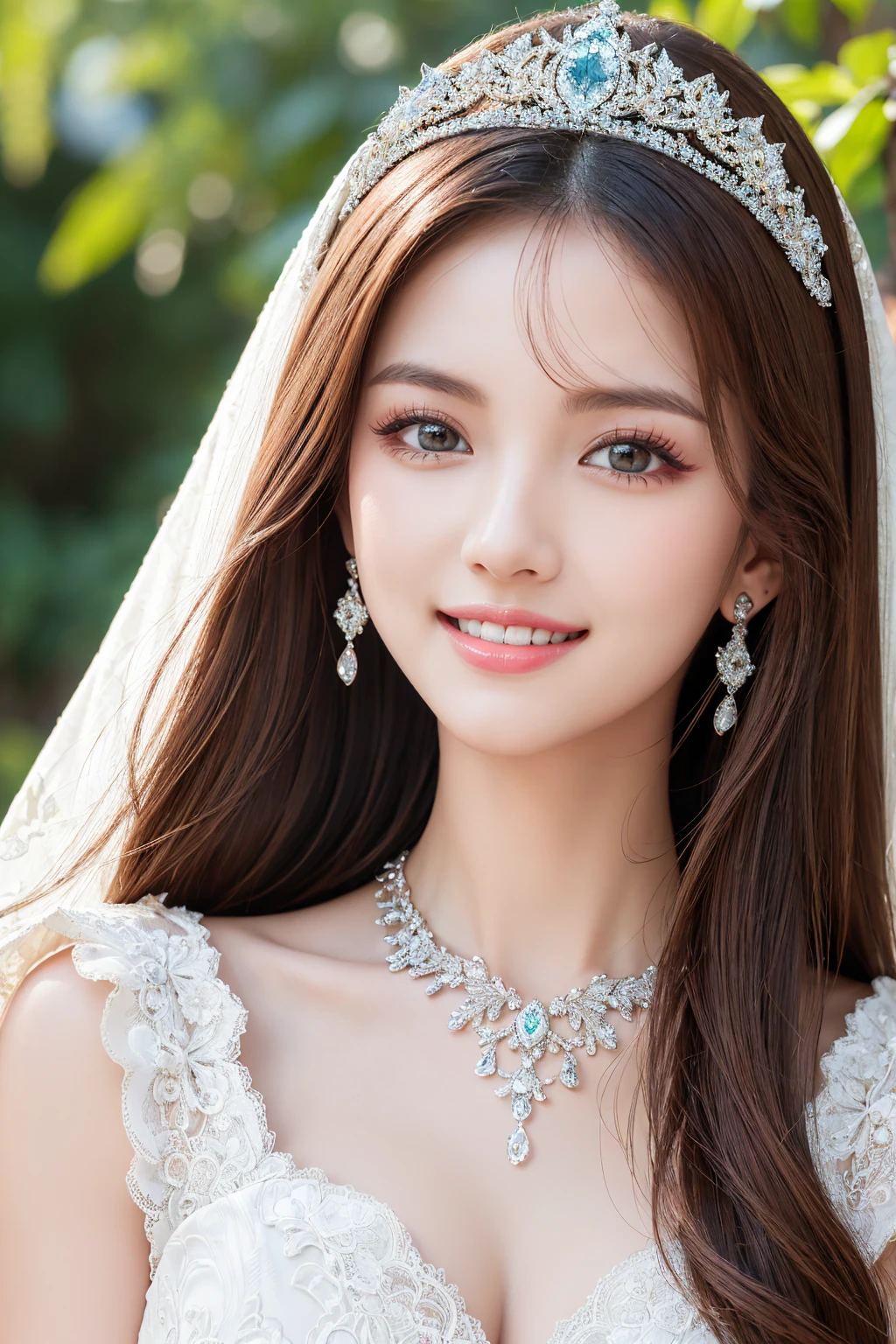 (Highest quality、Tabletop、8K、Best image quality、Award-winning works)、One beautiful bride、(alone:1.1)、(The most extravagant and gorgeous huge wedding dresses:1.1)、(Perfect Wedding Lace:1.2)、(The most extravagant and luxurious giant tiara:1.1)、(The most extravagant and luxurious giant necklace:1.1)、The most beautiful smile is looking at me、A wide selection of the finest jewellery、(Bridal upper body photo:1.1)、Perfect Makeup、Long eyelashes、Ultra HD Shining Eyes、Ultra HD Hair、Ultra-high resolution glossy lips、Ultra High Resolution Perfect Teeth、Super high resolution beautiful face、(Accurate anatomy:1.1)、(Very bright and beautiful skin:1.2)、(very bright and vivid:1.2)、(Blurred fresh natural background:1.1)