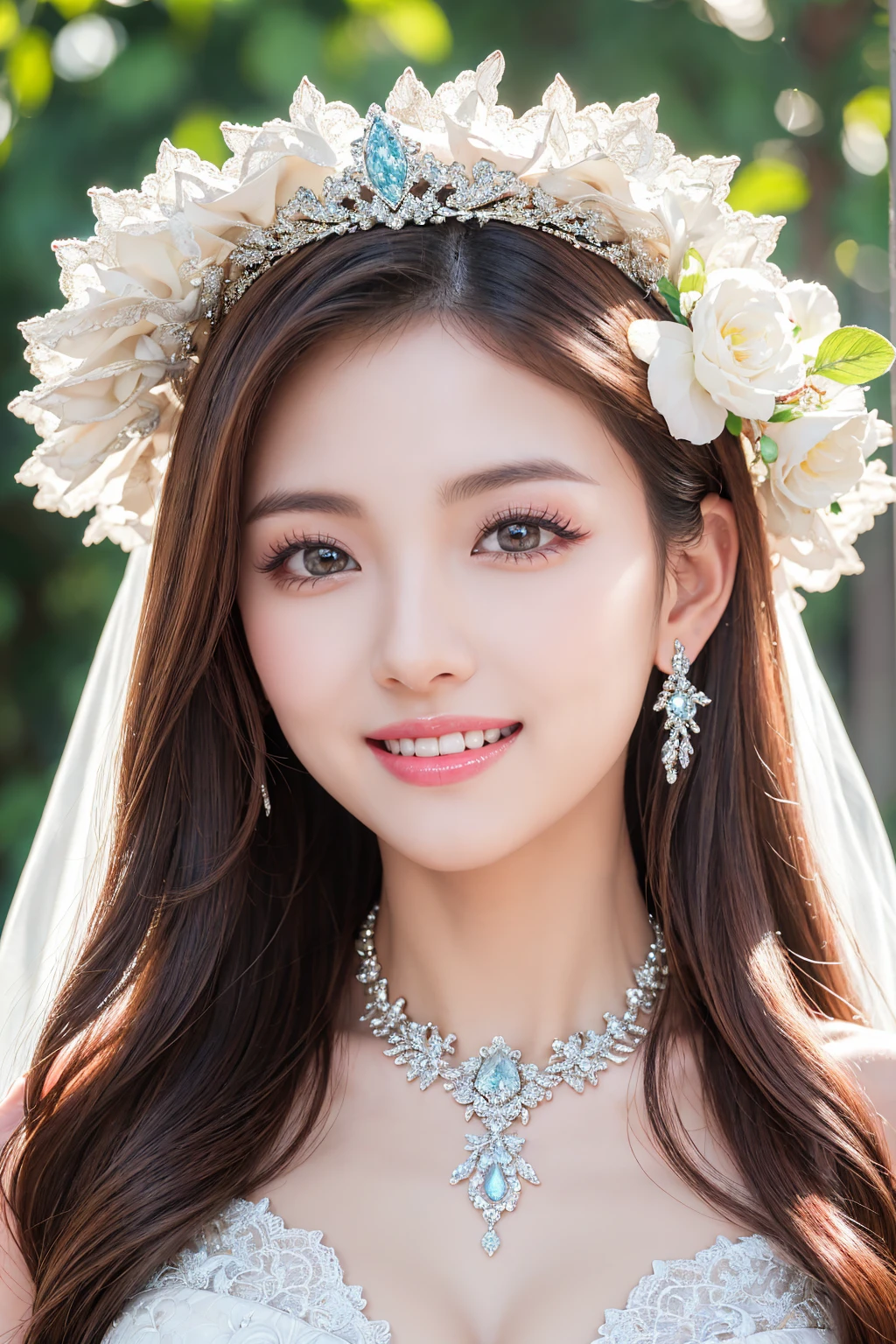 (Highest quality、Tabletop、8K、Best image quality、Award-winning works)、One beautiful bride、(alone:1.1)、(The most extravagant and gorgeous huge wedding dresses:1.1)、(Perfect Wedding Lace:1.2)、(The most extravagant and luxurious giant tiara:1.1)、(The most extravagant and luxurious giant necklace:1.1)、The most beautiful smile is looking at me、A wide selection of the finest jewellery、(Bridal upper body photo:1.1)、Perfect Makeup、Long eyelashes、Ultra HD Shining Eyes、Ultra HD Hair、Ultra-high resolution glossy lips、Ultra High Resolution Perfect Teeth、Super high resolution beautiful face、(Accurate anatomy:1.1)、(Very bright and beautiful skin:1.2)、(very bright and vivid:1.2)、(Blurred fresh natural background:1.1)