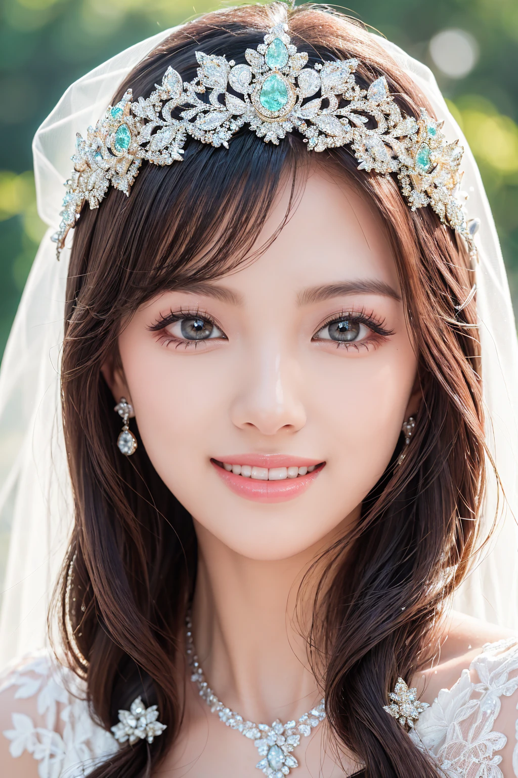(Highest quality、Tabletop、8K、Best image quality、Award-winning works)、One beautiful bride、(alone:1.1)、(The most extravagant and gorgeous huge wedding dresses:1.1)、(Perfect Wedding Lace:1.2)、(The most extravagant and luxurious giant tiara:1.1)、(The most extravagant and luxurious giant necklace:1.1)、The most beautiful smile is looking at me、A wide selection of the finest jewellery、(Bridal upper body photo:1.1)、Perfect Makeup、Long eyelashes、Ultra HD Shining Eyes、Ultra HD Hair、Ultra-high resolution glossy lips、Ultra High Resolution Perfect Teeth、Super high resolution beautiful face、(Accurate anatomy:1.1)、(Very bright and beautiful skin:1.2)、(very bright and vivid:1.2)、(Blurred fresh natural background:1.1)