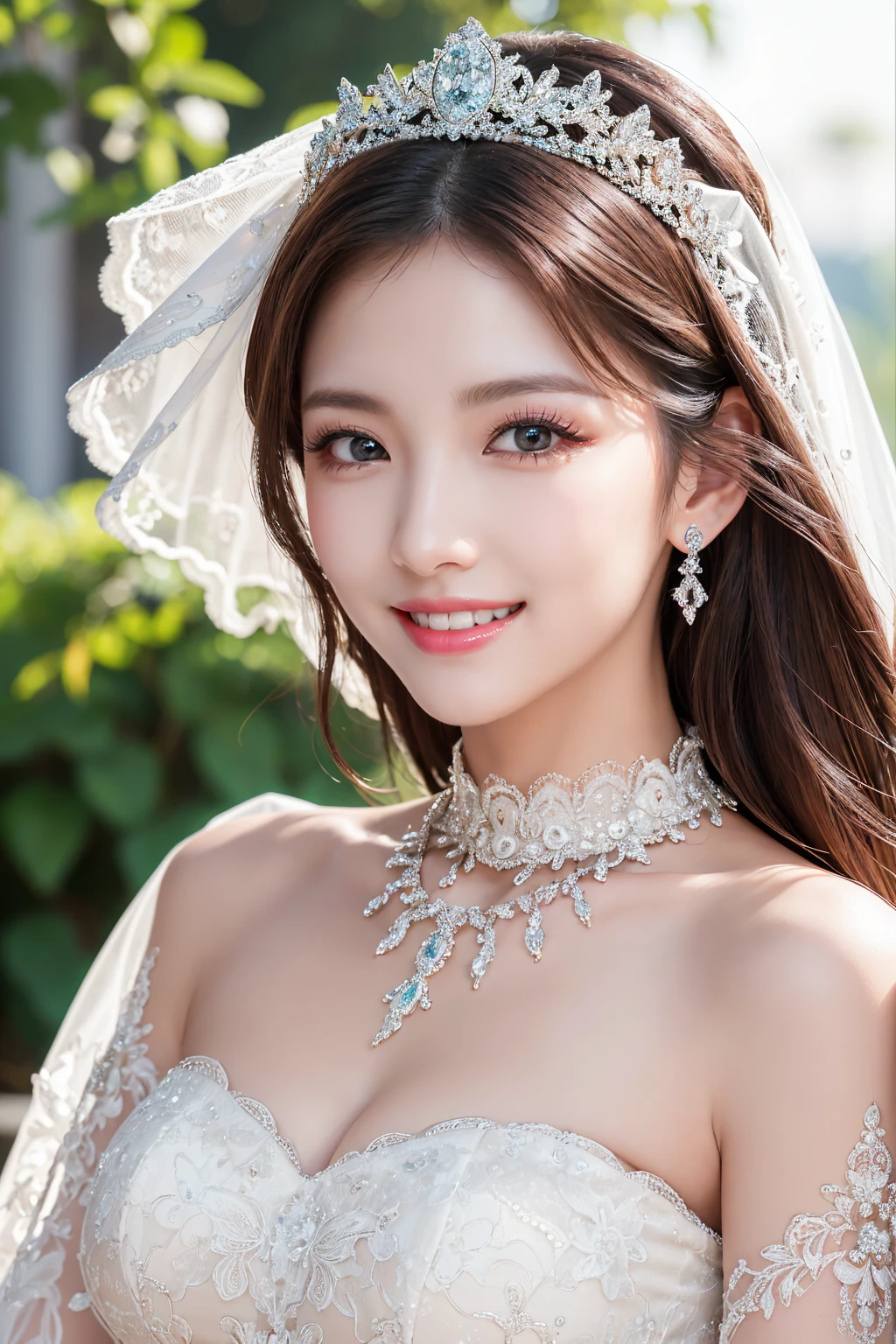 (Highest quality、Tabletop、8K、Best image quality、Award-winning works)、One beautiful bride、(alone:1.1)、(The most extravagant and gorgeous huge wedding dresses:1.1)、(Perfect Wedding Lace:1.2)、(The most extravagant and luxurious giant tiara:1.1)、(The most extravagant and luxurious giant necklace:1.1)、The most beautiful smile is looking at me、A wide selection of the finest jewellery、(Bridal upper body photo:1.1)、Perfect Makeup、Long eyelashes、Ultra HD Shining Eyes、Ultra HD Hair、Ultra-high resolution glossy lips、Ultra High Resolution Perfect Teeth、Super high resolution beautiful face、(Accurate ???????:1.1)、(Very bright and beautiful skin:1.2)、(very bright and vivid:1.2)、(Blurred fresh natural background:1.1)