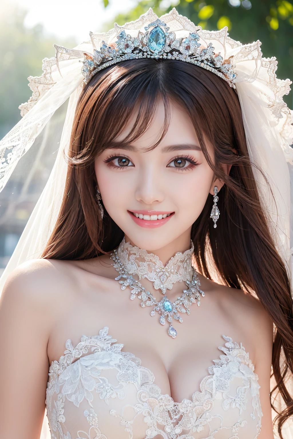 (Highest quality、Tabletop、8K、Best image quality、Award-winning works)、One beautiful bride、(alone:1.1)、(The most extravagant and gorgeous huge wedding dresses:1.1)、(Perfect Wedding Lace:1.2)、(The most extravagant and luxurious giant tiara:1.1)、(The most extravagant and luxurious giant necklace:1.1)、The most beautiful smile is looking at me、A wide selection of the finest jewellery、(Bridal upper body photo:1.1)、Perfect Makeup、Long eyelashes、Ultra HD Shining Eyes、Ultra HD Hair、Ultra-high resolution glossy lips、Ultra High Resolution Perfect Teeth、Super high resolution beautiful face、(Accurate anatomy:1.1)、(Very bright and beautiful skin:1.2)、(very bright and vivid:1.2)、(Blurred fresh natural background:1.1)