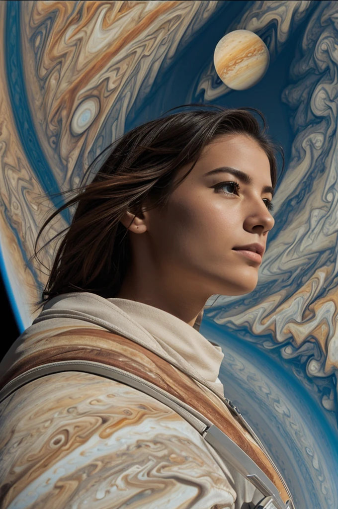 Create an image of a person who is on Jupiter looking towards Earth