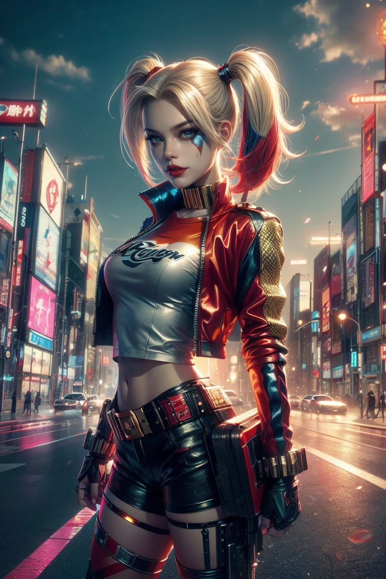 kinematics, foreground(high quality), (Masterpiece), (detailed), 8K in a hyper-realistic digital representation, A lone (japanese girl1.2) It is located in the middle of a futuristic urban landscape, embodying the essence of (harley quinn1.3). Her vibrant outfit clashes with the elegant, metallic environment, evoking a sense of rebellious energy. trend on DeviantArt.