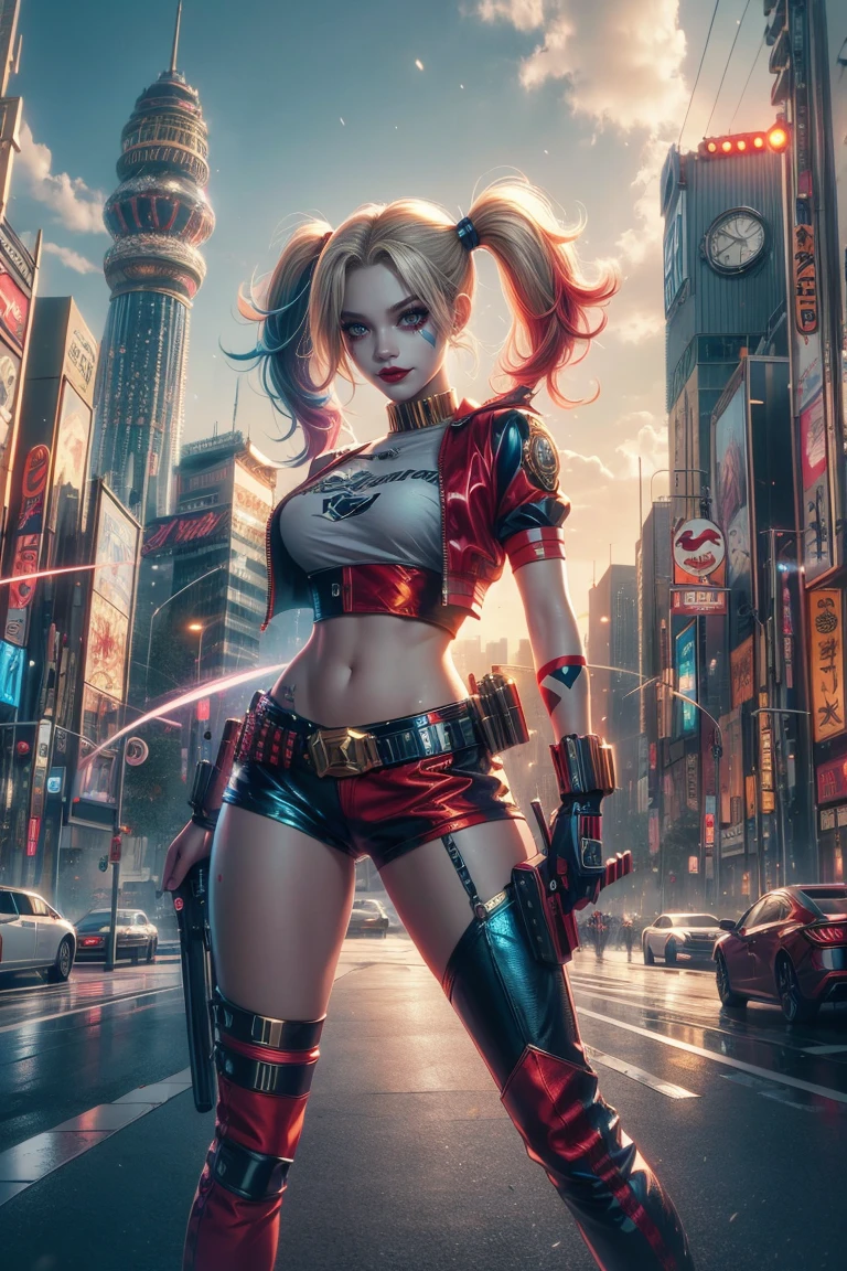 kinematics, foreground(high quality), (Masterpiece), (detailed), 8K in a hyper-realistic digital representation, A lone (japanese girl1.2) It is located in the middle of a futuristic urban landscape, embodying the essence of (harley quinn1.3). Her vibrant outfit clashes with the elegant, metallic environment, evoking a sense of rebellious energy. trend on DeviantArt.