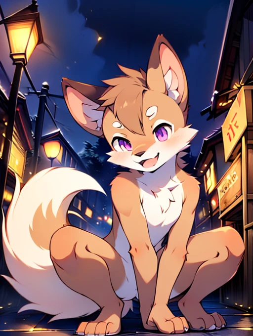 , , cute, (alone), (((Has brown and white fur))), Big purple eyes, Blushing, smile, Open your mouth, Sticking out tongue,walking, night, Ancient Asian cities, bright street lights, Blue and black slate road, Empty Streets, Starry Sky, Shadow, Detailed facial depiction, ((Accurate hand drawing)), レンブラントの光とShadow, Ultra-fine,high resolution,Completely naked,Naked,Naked,Full nudity,Nude,Barely,Fully visible,Spread your legs and point your crotch,Embarrassing,Embarrassed look,On all fours,Put your hands and feet on the ground,Sit like a dog,quadruped,Accurate hand and foot count,shame,A furry in heat,first round,Fantasy,Anime-style depiction,Male furry,Animal penises,