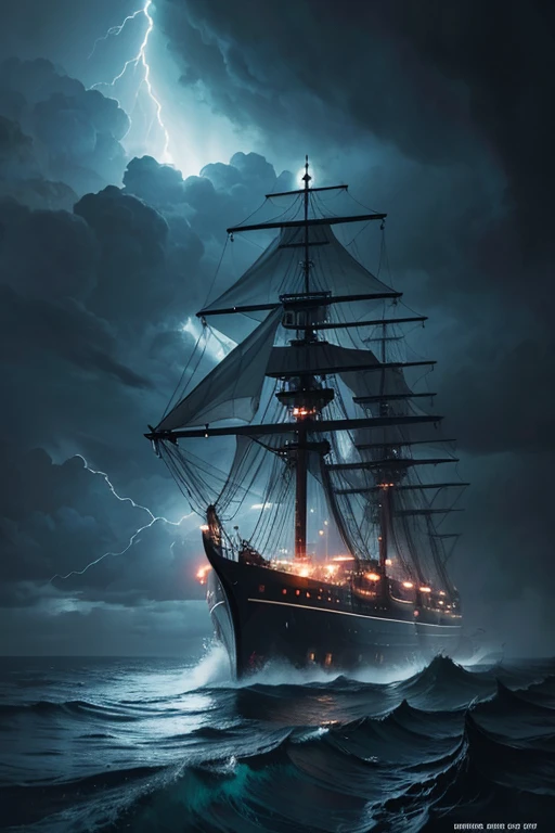 Hyper, quality, hyper detailed, extremely intricate, hyper maximalist, PStyl3, negative space, abstract, cloud system, storms, on deck of ship, storm tossed seas, ink