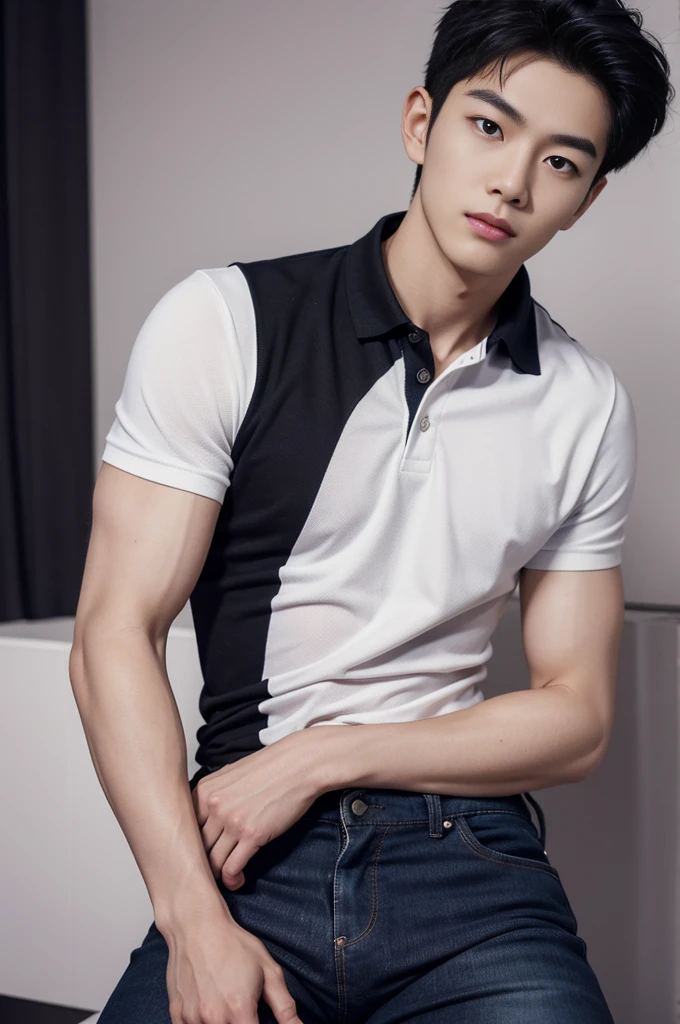 young korean man , 1 boy, white skin , Fine skin, 1 boy, ((realistic)), abdomen, good light quality, muscle veins, ((Pale skin)), football player, (Masterpiece, Special quality, high resolution, 8K, complicated:1.2), (detailed face:1.2), handsome, , Embossed, 1 boy,alone, look at viewer, Balancing the eyes, , (Make eye contact), , black polo shirt, With super tight navy blue jeans., big Embossed