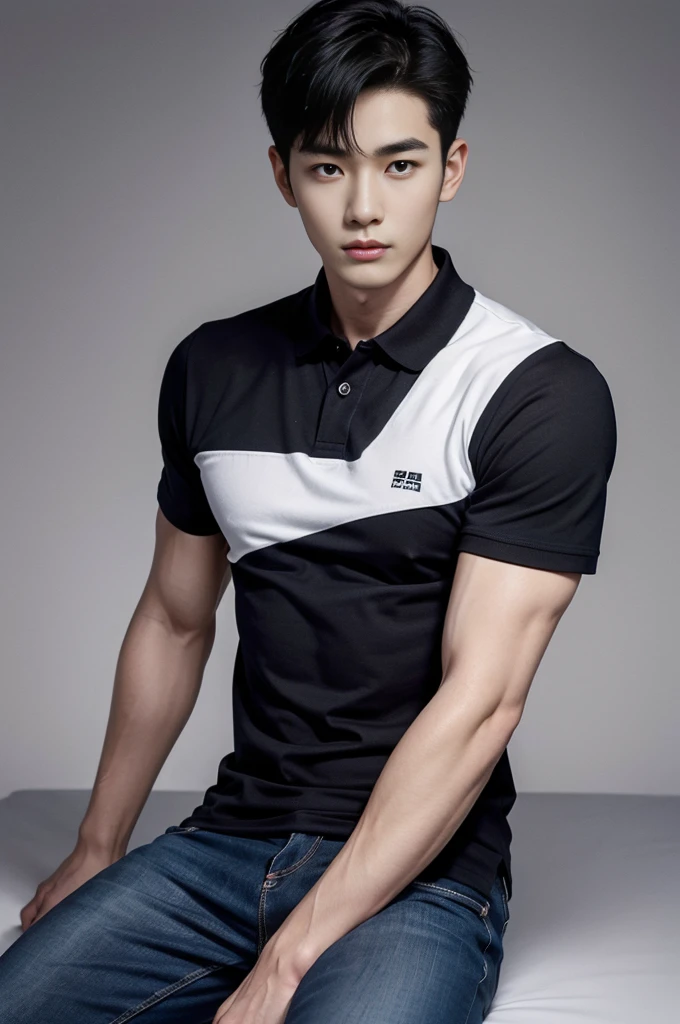 young korean man , 1 boy, white skin , Fine skin, 1 boy, ((realistic)), abdomen, good light quality, muscle veins, ((Pale skin)), football player, (Masterpiece, Special quality, high resolution, 8K, complicated:1.2), (detailed face:1.2), handsome, , Embossed, 1 boy,alone, look at viewer, Balancing the eyes, , (Make eye contact), , black polo shirt, With super tight navy blue jeans., big Embossed