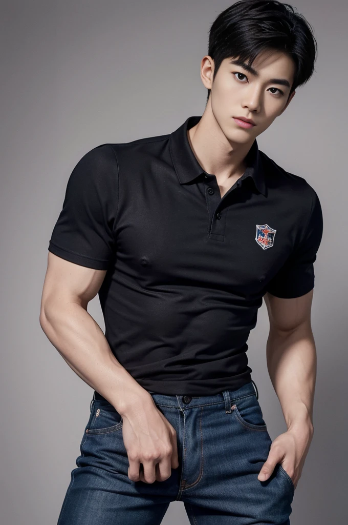 young korean man , 1 boy, white skin , Fine skin, 1 boy, ((realistic)), abdomen, good light quality, muscle veins, ((Pale skin)), football player, (Masterpiece, Special quality, high resolution, 8K, complicated:1.2), (detailed face:1.2), handsome, , Embossed, 1 boy,alone, look at viewer, Balancing the eyes, , (Make eye contact), , black polo shirt, With super tight navy blue jeans., big Embossed