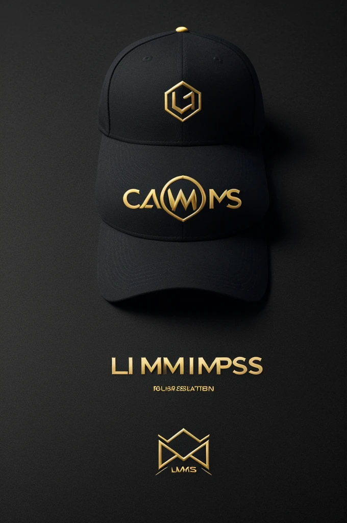 High quality vector logo [SALE OF CAPS] with the text &quot;[Lmcaps_]” on a solid black background. The design is minimalist and clean,
maintaining a modern and luxurious approach to simplicity. The three main colors are Black, Gold and blue. high resolution, professional quality, crisp and clean.