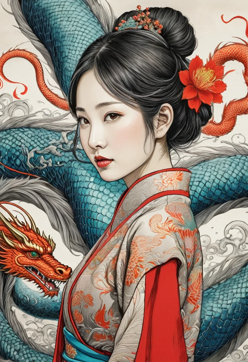 {{{{{illustration}}}}},By Yuko Shimizu,1 girl,chinese dragon,Chinese girl,women focus on, {{ink wash painting}},{{ink splashes}},{{splash of color}},{{{colorful}}},{{draft}}, Masterpiece,best quality, beautifully painted,Highly detailed,