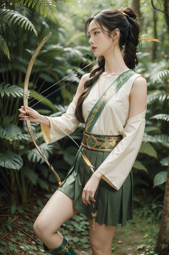 (((best quality))),(((ultra detailed))),(((masterpiece))),illustration, 1girl,solo,slim,thin,flat chest,small breasts, Brunette, Manchurian archer, summery subarctic forest,short ponytail, piercing green eyes, traditional Manchurian costume, vibrant blue, golden embroidery, pleated skirt, broad belt, deerskin boots, lush forest, tall trees, canopy of leaves, sunlight, crisp air, birds chirping, leaves rustling, serene setting, archery,(bow and arrow:1.3), grace and power, strength and resilience, natural beauty,((standing,upper body))