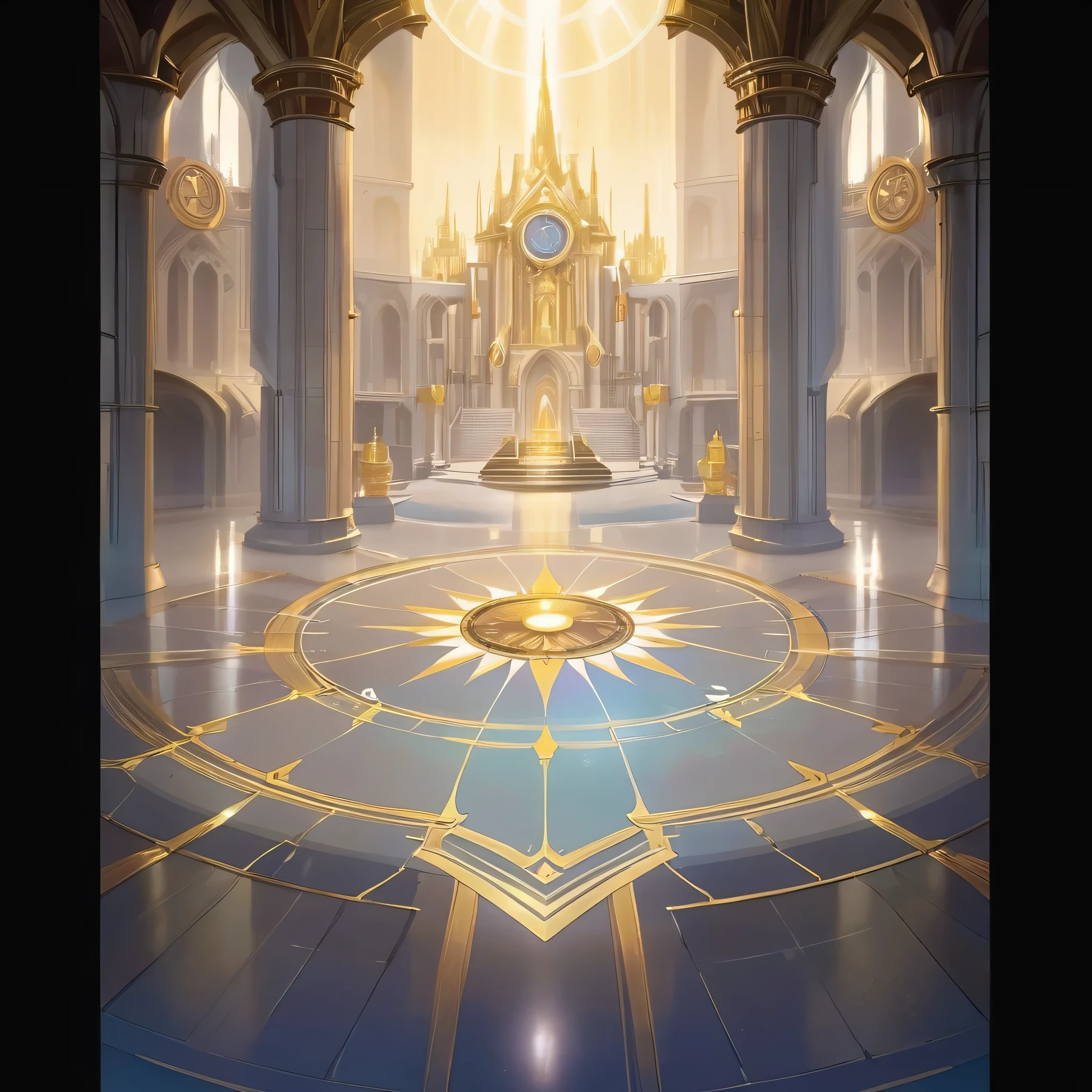 There is a photo of a large building,There is a big clock on it, Cathedral Background, Kingdom of Light Background, Stunning mysterious background, symmetry!! Concept Art, interior background technology, Concept Art magical highlight, The Golden Throne Room, Gorgeous border + Concept Art, symmetric Concept Art, World of Warcraft art style, decadent The Golden Throne Room, cathedral of the sun, background technology