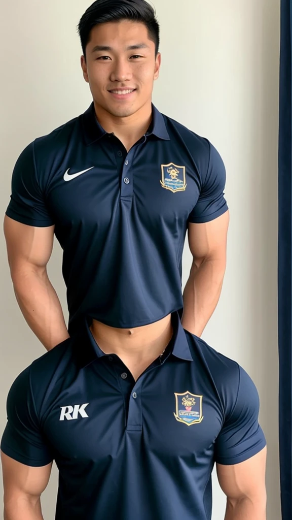 Picture of a handsome Asian rugby player with short hair, no beard, muscular body, big muscles, wearing a navy blue and black shirt, indoors.