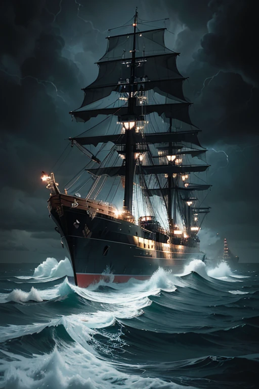 Hyper, quality, hyper detailed, extremely intricate, hyper maximalist, PStyl3, negative space, abstract, cloud system, storms, on deck of ship, storm tossed seas, ink