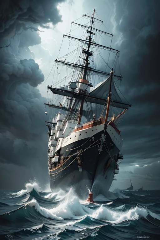 Hyper, quality, hyper detailed, extremely intricate, hyper maximalist, PStyl3, negative space, abstract, cloud system, storms, on deck of ship, storm tossed seas, ink