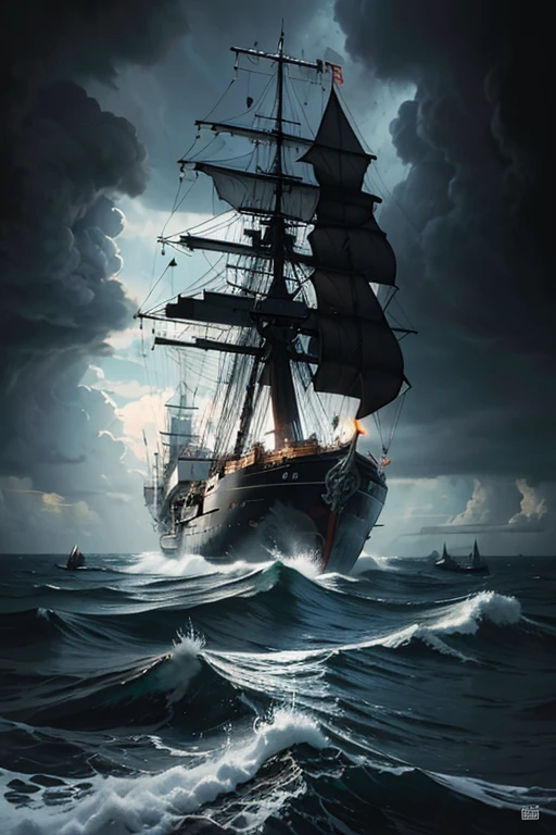 Hyper, quality, hyper detailed, extremely intricate, hyper maximalist, PStyl3, negative space, abstract, cloud system, storms, on deck of ship, storm tossed seas, ink