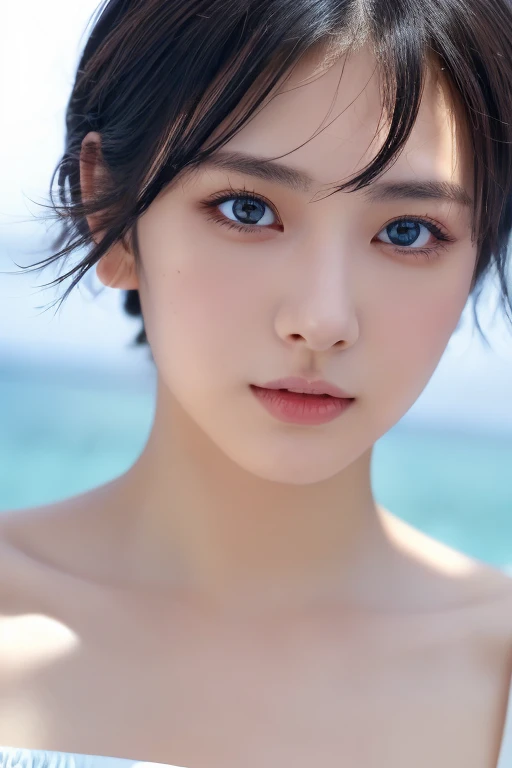 (award winning, 8k, super detailed, high resolution, best quality, photography, portrait), 1girl, solo, beautiful girl, beautiful eyes, detailed eyes, black eye, white blouse, short hair, black hair ocean background, POV, ((upper body))