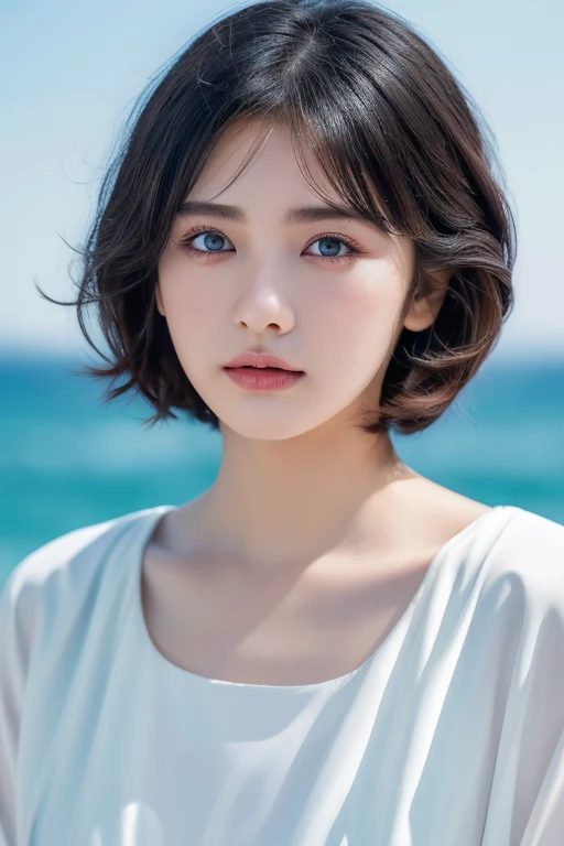 (award winning, 8k, super detailed, high resolution, best quality, photography, portrait), 1girl, solo, beautiful girl, beautiful eyes, detailed eyes, black eye, white blouse, short hair, black hair ocean background, POV, ((upper body))