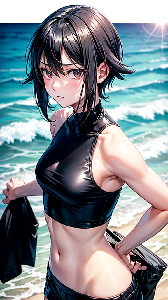 Teen girl, black short hair, white skin, black eyes, black short shirt, , slim body, quiet, sad eyes. Beach, walking,, sun day, beautiful. Anime sexy. Kurome Akame ga kill 