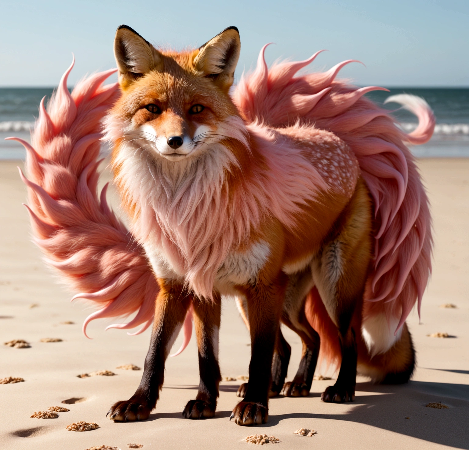 A giant red fox with 9 tails, whose tips are light pink. The tails are very fluffy and soft. The chest coat is light pink, as well as the tips of the paws. ao redor, a circle of small light pink flames. Ao fundo, a sunny beach.