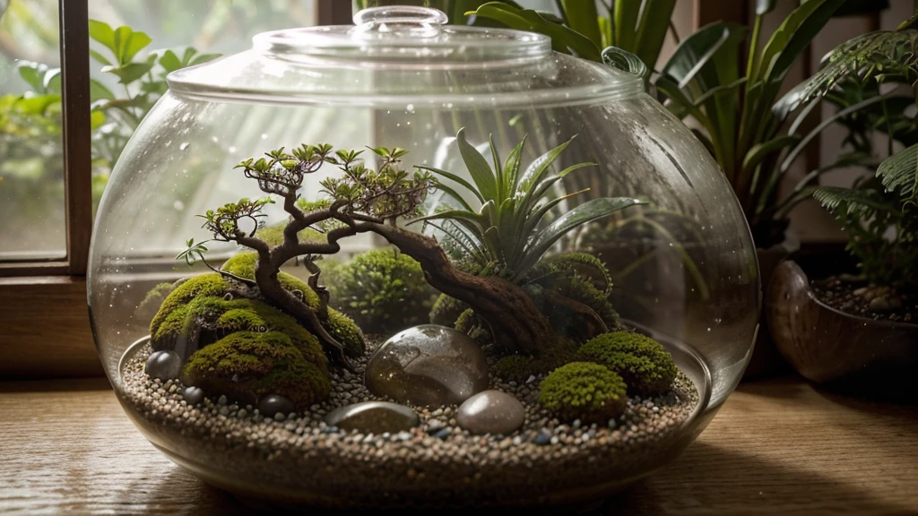 A glass bell jar terrarium with a warm wooden base. Inside the terrarium, different mosses, small ferns, and flowering mosses are arranged on a rocky hillside. In the center of the terrarium is a beautiful bonsai tree. Small amounts of mist float here and there, and a small person is sitting in a meditative state. Every detail in the terrarium is meticulously crafted, and there is no cord. The terrarium is set on a weathered warm wooden table with good lighting, using ray tracing techniques. Portrait format, 8k resolution, HDR+.