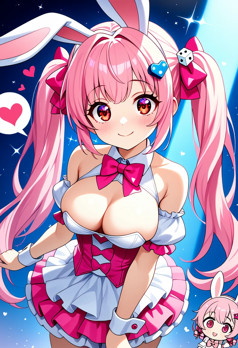 ((Highest quality)), ((masterpiece)), (be familiar with), Perfect Face, Big eyes, eyelash, The sparkling light of the eyes , (What to do?), (used), red eyes, bunny ears, pink twintail hair, dice hair ornament, hair ribbon, pink bow, (bare shoulders), white blouse, detached short puff sleeves, (pink frill mini skirt), heart, medium breasts, smile, closed mouth