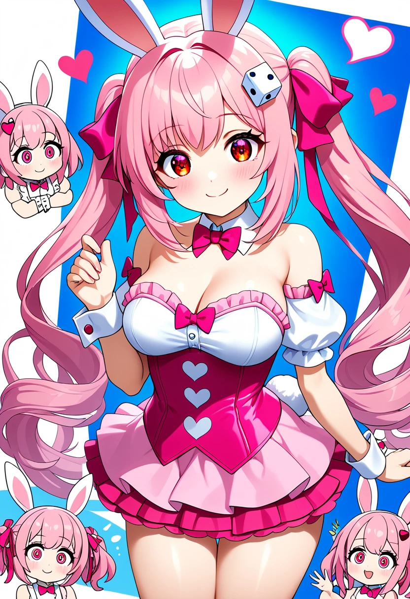 ((Highest quality)), ((masterpiece)), (be familiar with), Perfect Face, Big eyes, eyelash, The sparkling light of the eyes , (What to do?), (used), red eyes, bunny ears, pink twintail hair, dice hair ornament, hair ribbon, pink bow, (bare shoulders), white blouse, detached short puff sleeves, (pink frill mini skirt), heart, medium breasts, smile, closed mouth