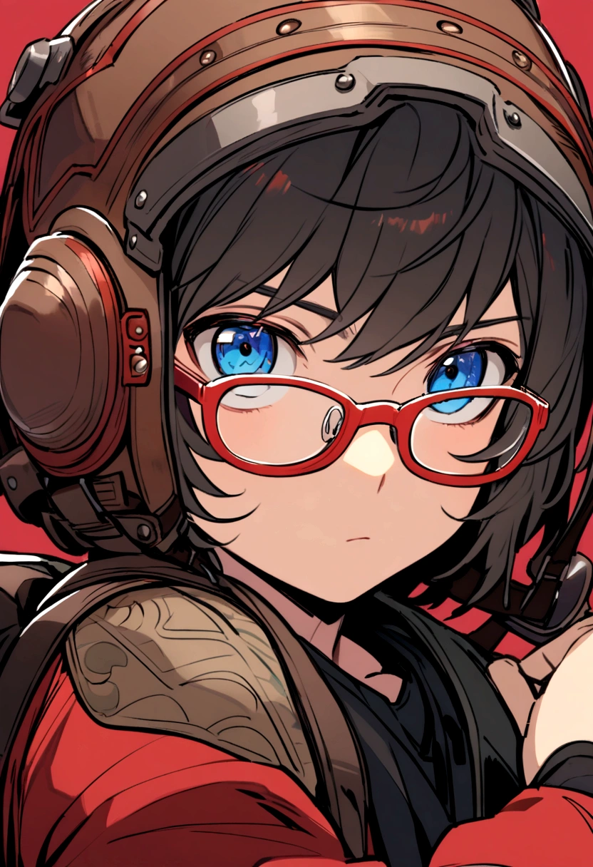 The boy wore a brown helmet with red rim, blue eyes, black-rimmed glasses, a black tank top, a red long-sleeved shirt, and a black backpack.