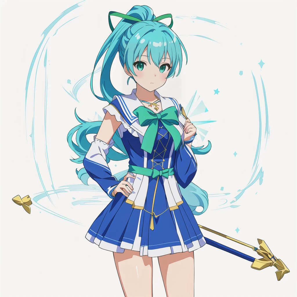 Highest quality, high resolution, High quality anime art style, Official Art, Smooth anime CG art, Stylized anime, Cute 3D anime girl render, Visual Novel Sprites, White background, whole body, Anime-style 3D, Smooth anime CG art, humanoid woman, JRPG Characters, Magical Girl Style, Anime woman in a blue dress with green ribbon, Turquoise Hair, ponytail, Neat hairstyle, tall, He holds a magic bow in his left hand., 20-year-old, 