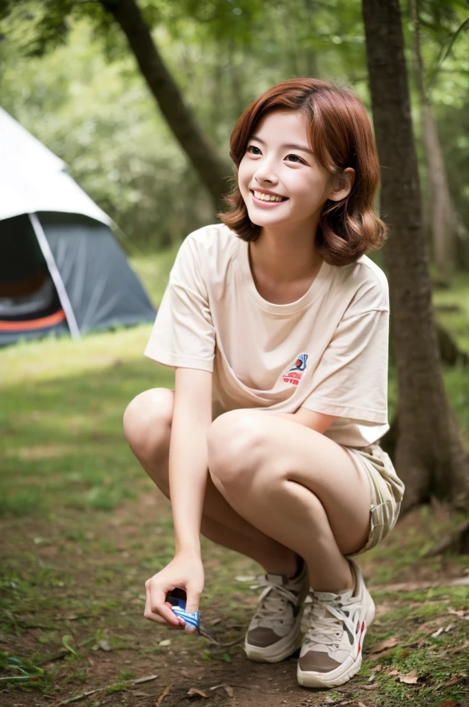 すっぴん、Camping tent, junior high school third grade, ((full body)), ((photo)), ((best qualtiy, 8K, tmasterpiece:1.3)), Focus:1.2, perfect figure beautiful child:1.4, 1, cowboy shot, look at viewer, eyes facing the camera, incredibly absurd, beautiful and cute with a photorealistic face, showcasing top-quality craftsmanship, A Japanese girl gazing at the campfire at a campsite, 15 years old, short hair, wavy and shiny, crimson hair, big eyes, long eyelashes, smiling face, white teeth, round face, small nose, smooth skin, fair skin, red lips, pink cheeks, lively expression, , delicate, well-balanced proportions, slim, 155cm tall, thin limbs, small A-cup breasts, khaki T-shirt, camouflage shorts, sneakers, beautiful girl, younger sister attributes, active, sociable, cheerful, optimistic, brave, curious, August