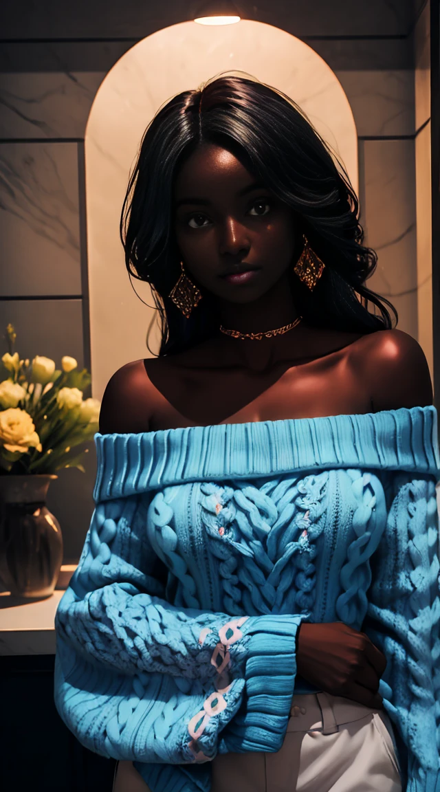 Upper body shot, ((beautiful black woman with flawless dark skin)), long hair with gradient blue glow, clearly defined facial features, big detailed eyes, ((( wearing an off the shoulder sweater))) glowing flowers in the background, masterpiece, best high quality image,96k, uhd, depth of field, 1080P wallpaper, spotlight, character focus, high quality, insanely detailed, UHD picture quality in the style of Amy Sol