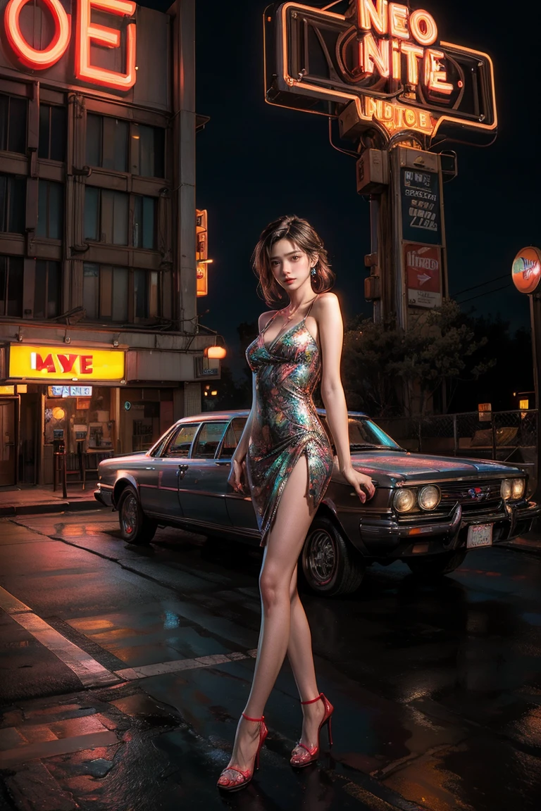 ((masterpiece, best quality, Best image quality, high resolution, realistic, raw photo, 8K)), Araped view of motel with cars parked in front, with neon sign, Woman waiting for guests in front of motel, Temptation, short dress and high heels, route 66, neon sign, 1 9 5 0 Second Americana Tourism, some have neon sign, Neon Lights Outside, neon advertising, gigantic neon sign, neon stores, few neon sign, neon sign in background,