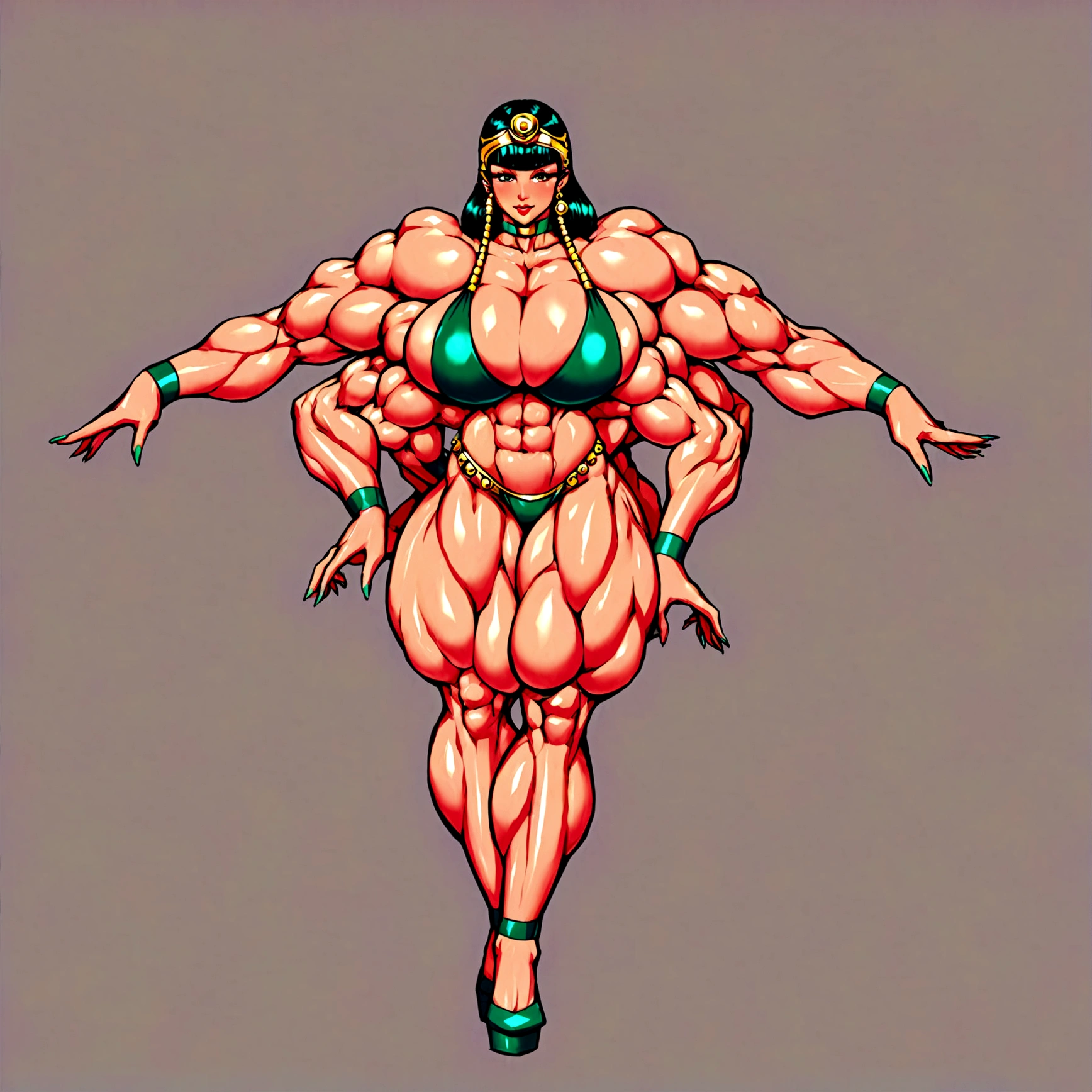 Oni girl, cleopatra hair, extreme muscle, big breasts, 4 arms, full body.