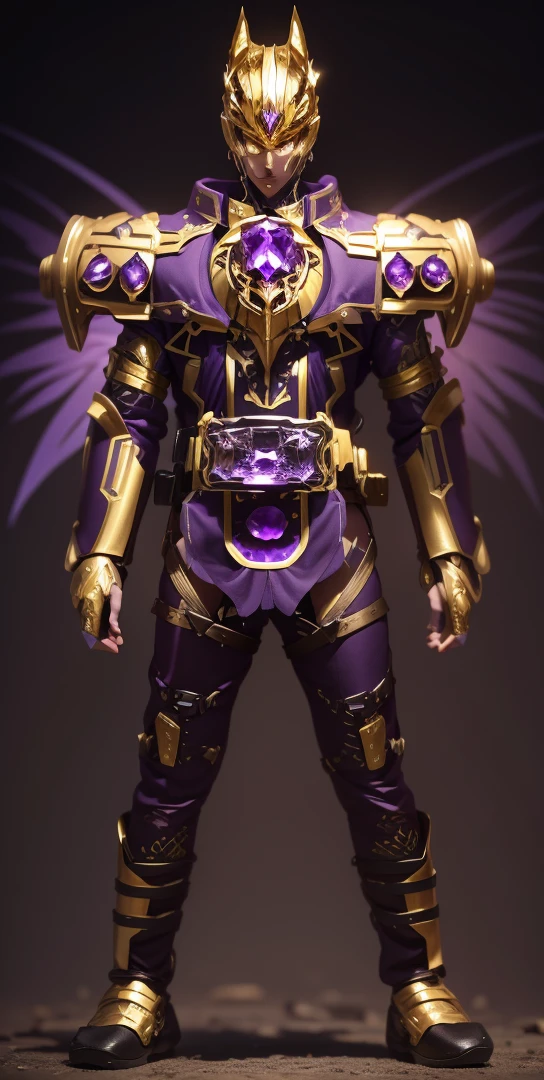The overall color is a mixture of gold and purple,There are many gorgeous carvings all over the body,Let them coexist,This can also be done around the eyes. The entire surface should be transparent purple and gold,There are no other colors.,Does not contain any other colors.,Amethyst and gold are both crystals,There should be a lot of crystal effects like crystal,Add some gold thread for decoration。The color changes to purple and gold,Some purple and gold(Ensure its layering and armor texture,Purple is the main color,Add some gold for decoration)