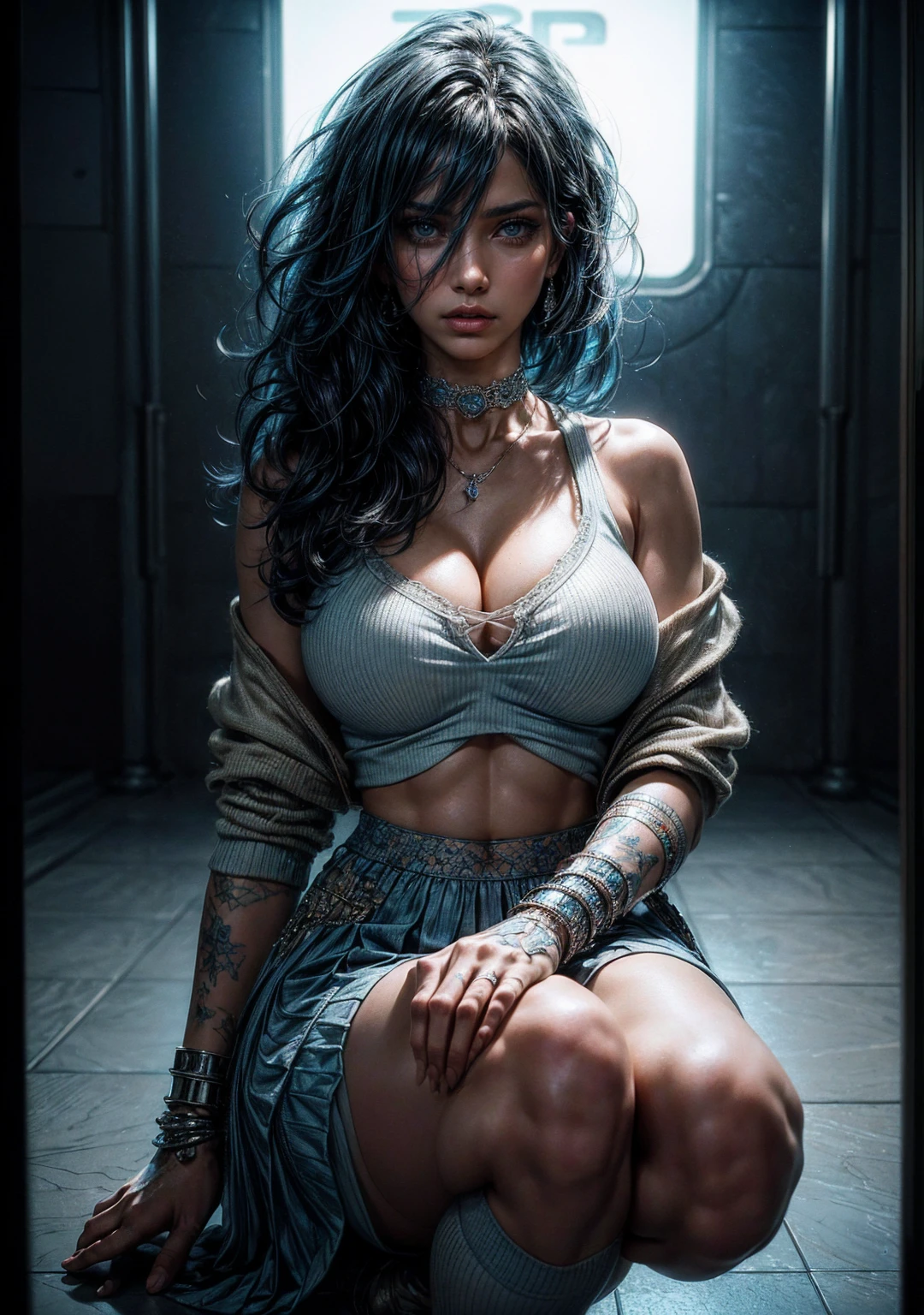 Full body of a Syrian woman, blue curly hair, white crop top and light blue pleated skirt, big tits, angry look, looking at the viewer, at the mall, natural skin texture, 24mm, 4k textures, bright cinematic light, photo and gross, photorealism, photorealistic, intricate, elegant, Very detailed, sharp focus, ((((((cinematic look)))), soft tones, crazy details, intricate details, hyperdetailed, low contrast, soft cinematic light, bright colors, Exposure Mix,  HDR, bottom viewing angle, full body from head to toe, hand on chest, wearing choker, thick thighs, socks above the knees