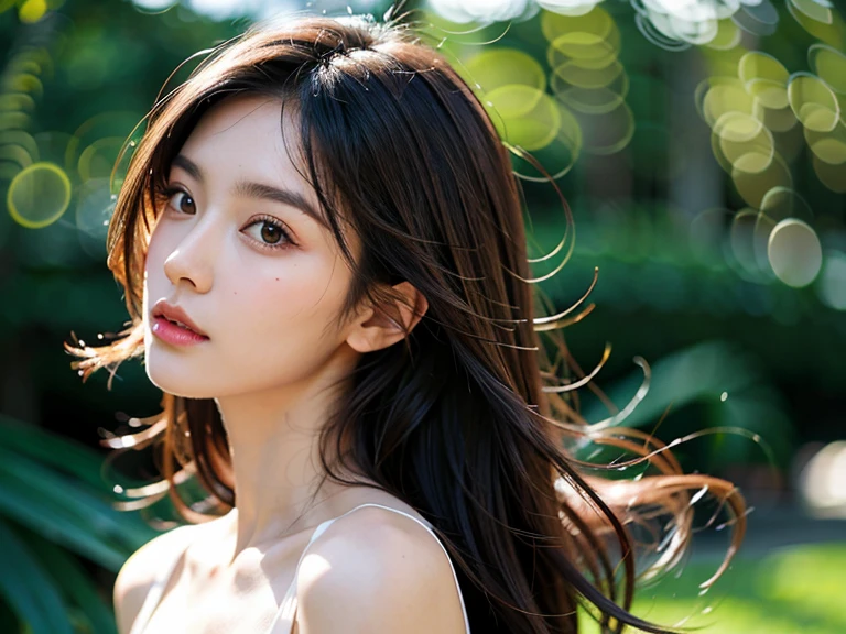 short black-brown hair,Beautiful and natural,The background is more advanced and beautiful., Make the background white, Long Hair, Brightens skin