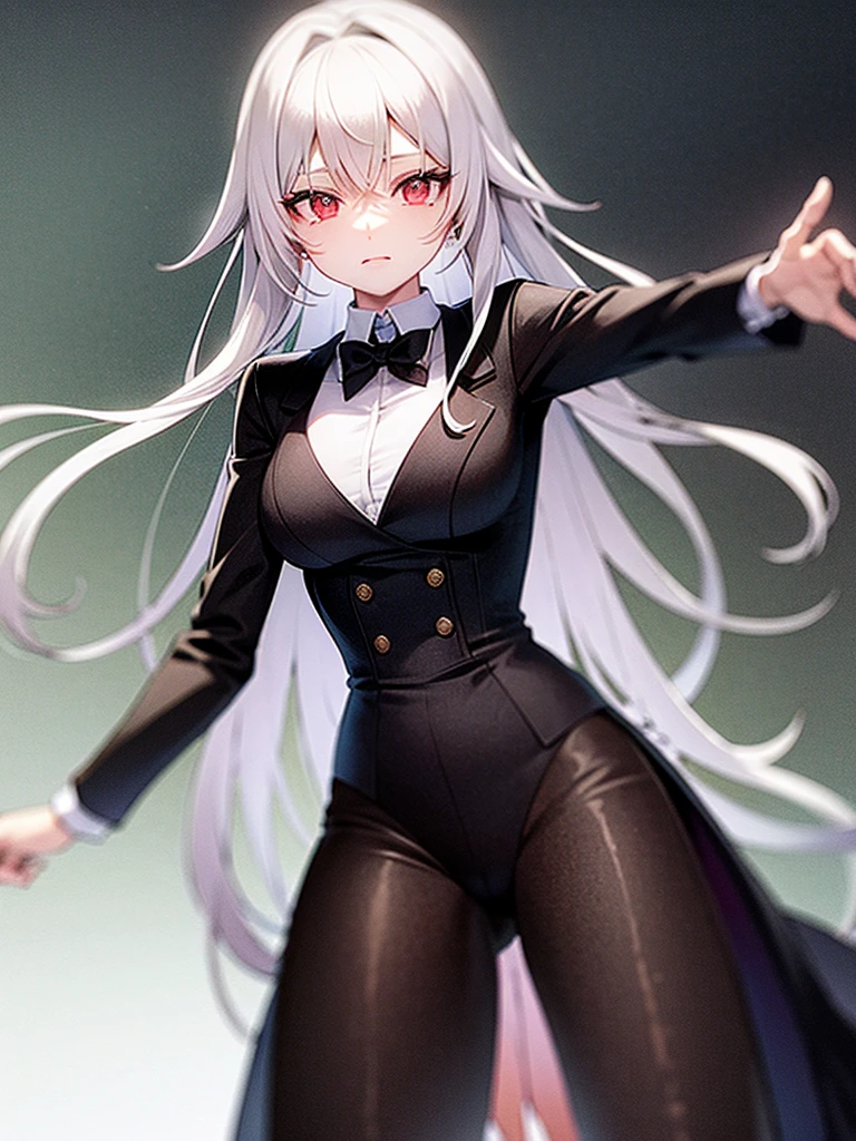 light silver hair,black suit, rabbit ear,pale red eye,silence,two front hair bundles