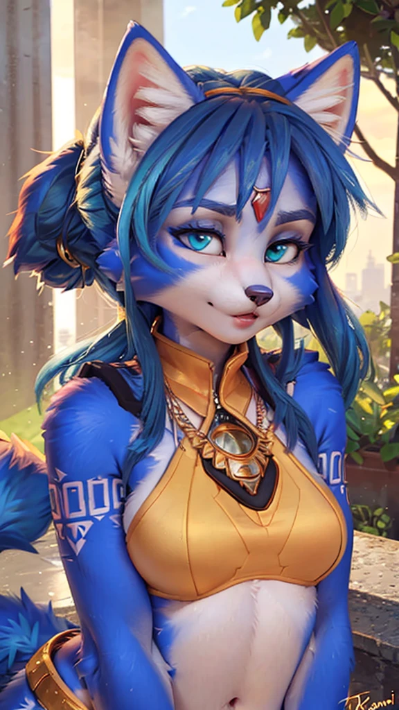 A beautiful and detailed (sweet portrait) wa ((Krystal)), Star Fox Krystal, sslim, lovable, green eyes, medium breasts, (((Long blue hair 1.3))), Decollete, anthro, furry, Uploaded E621, detailed fluffy fur, (wa Fluff-Kevlar, Bayard Wu, Personalami, Pino Daeni), detailed face, (fluffy), 1 girl, alone, sweet girl, 
