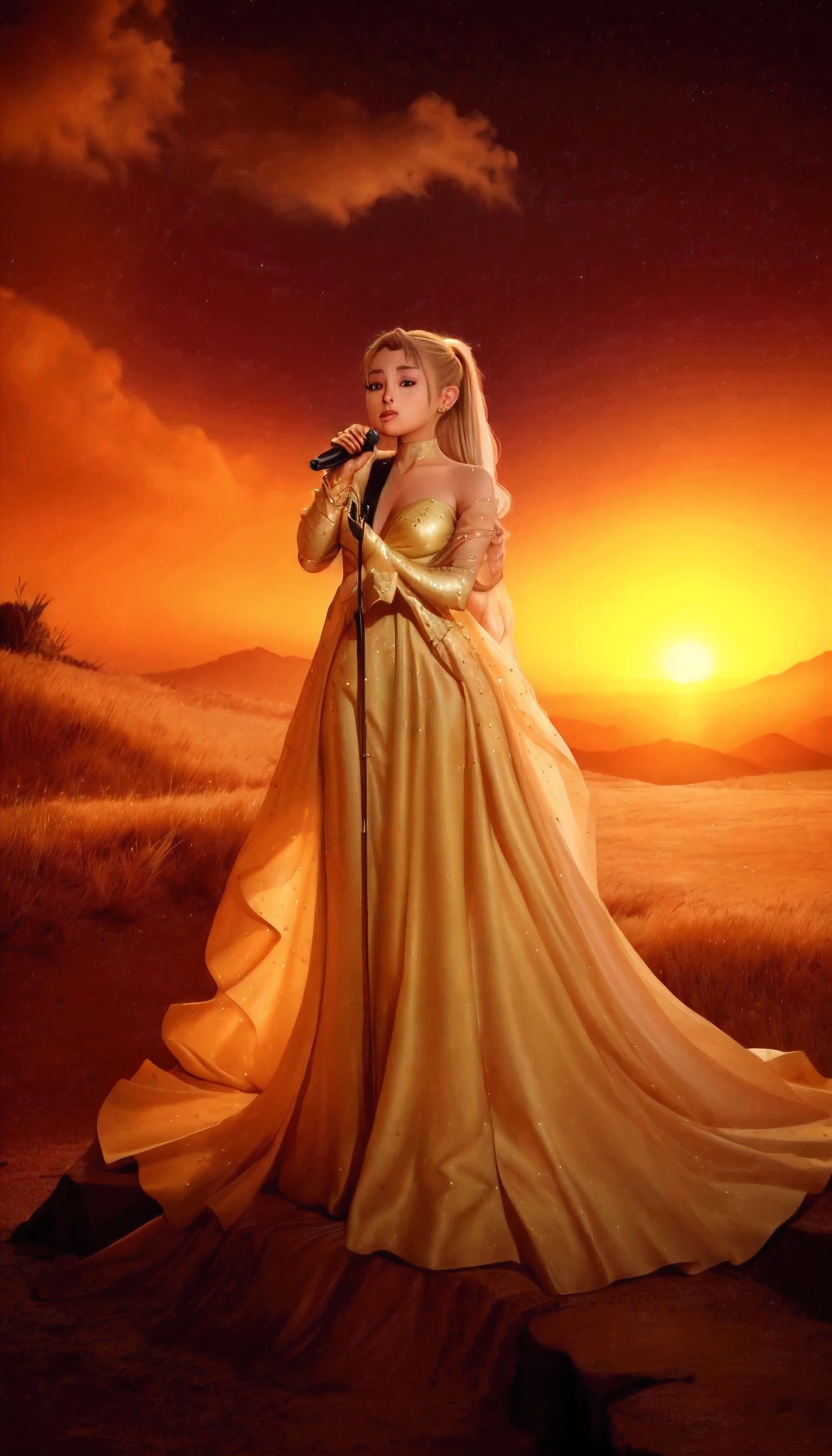 A beautiful detailed girl, Ariana Grande, wearing a long flowing gown made of stars, holding a microphone, performing on a stage, her blonde hair in a ponytail, bathed in golden light against a sunset background, photorealistic, highly detailed, cinematic lighting, masterpiece