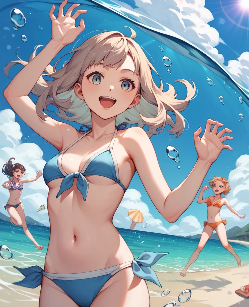 Highest quality, Very detailed, masterpiece, anime,Highest quality,Japanese ,THREE Girls,Swimwear,bikini,Beach,Dynamic pose,Open your mouth,smile,Transparent haori,Browsing Caution,Underwater photography,Hug Pose,Modest chest