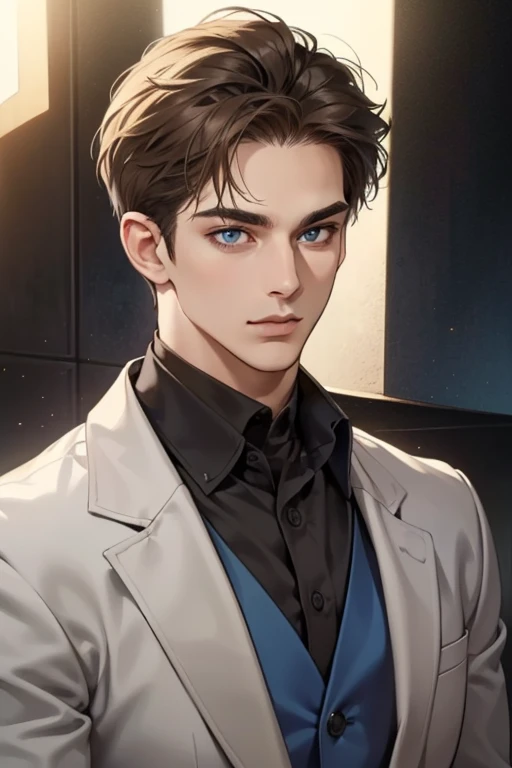 masterpiece, best quality, realistic, 1man, mature male, quiet and charming young man, 35 year old, serious look, closed mouth, portrait, extremely detailed face, cold smile, ((dark grey blue eyes)), ((short-right-swept dark brown hair)), [thick eyebrows], ((suit)), handsome, full body, western, Jewish, light brown skin,