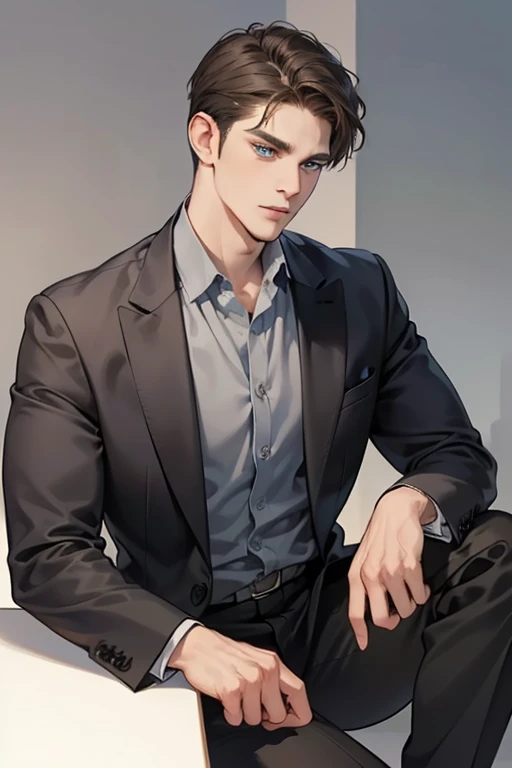 masterpiece, best quality, realistic, 1man, mature male, quiet and charming young man, 35 year old, serious look, closed mouth, portrait, extremely detailed face, cold smile, ((dark grey blue eyes)), ((short-right-swept dark brown hair)), [thick eyebrows], ((suit)), handsome, full body, western, Jewish, light brown skin,