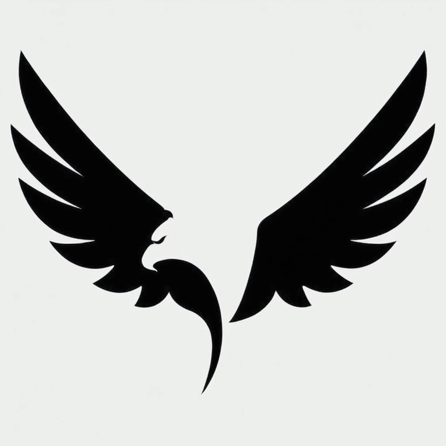 a black and white image of a bird with Alas, black Alas instead of arms, eagle Alas, eagle logo, black Alas, bird Alas, majestic symmetrical eagle Alas, Alas spread, con Alas, hawk Alas, raven Alas, white eagle icon, svg vector art, Alas, excellent use of negative space, phoenix, open Alas, logo without text, majestic Alas
